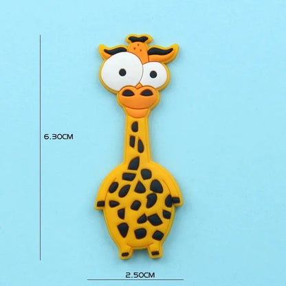 Nine PVC soft rubber cartoon animal fridge stickers including monkey, crocodile, leopard, lion, zebra, elephant, giraffe, and ostrich.