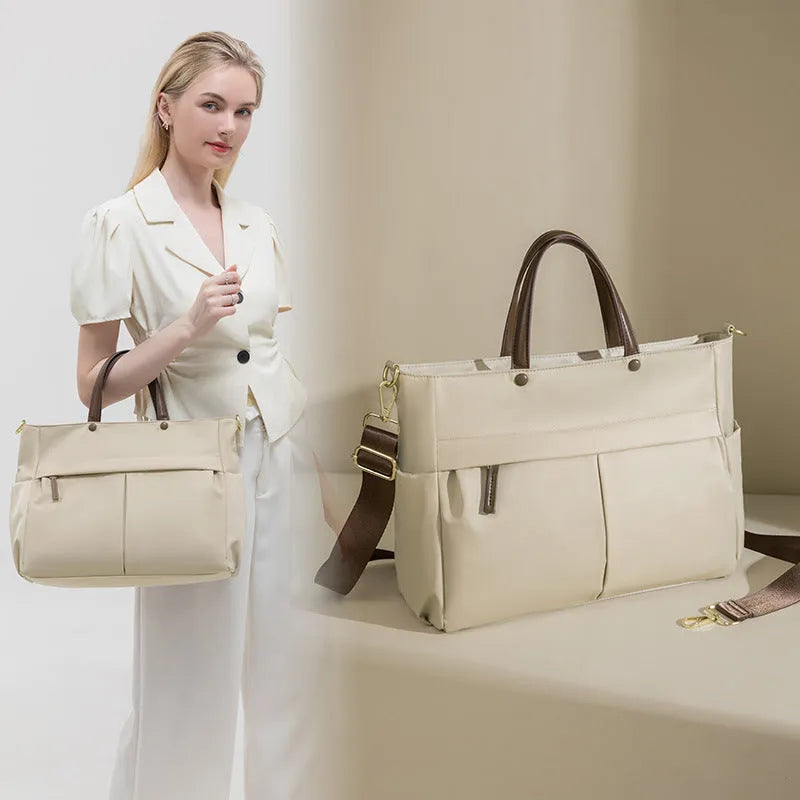 Women's portable Oxford cloth briefcase with 36cm length and contrast stitching in black colour