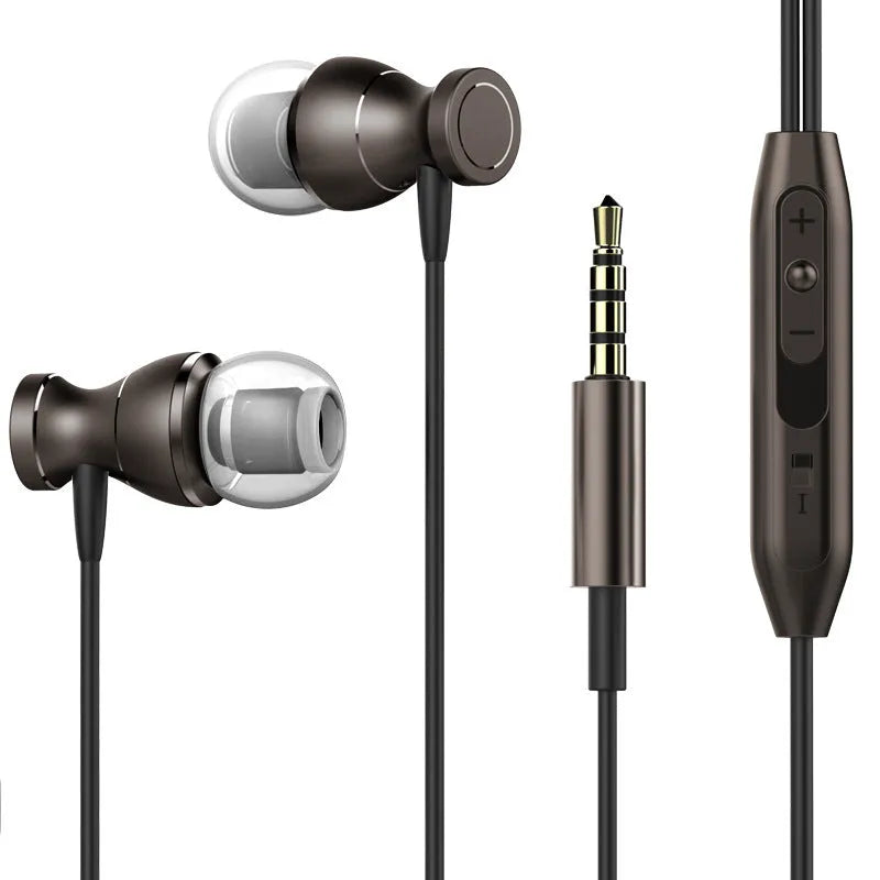 Black in-ear headphones with a 3.5mm straight plug and silicone ear tips on a white background.