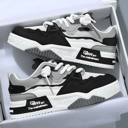 Men's low-top board shoes in beige, white and black, and white and yellow colour options.