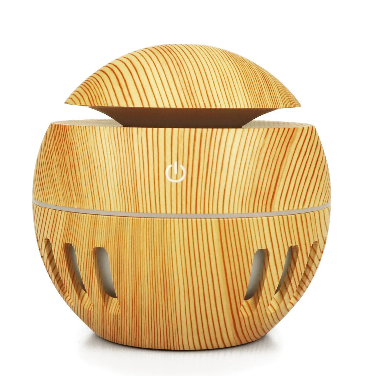 Portable USB humidifier in dark wood, light wood or white with 1 litre water tank and single fog outlet.