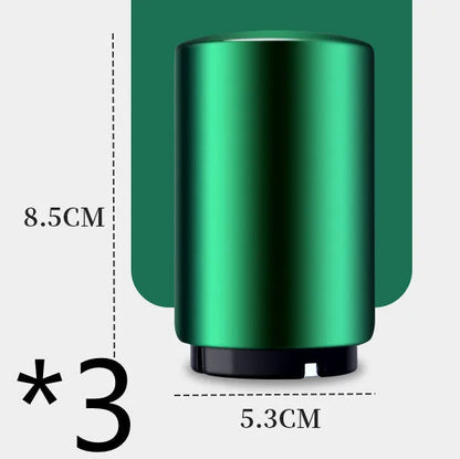 Stainless steel automatic bottle opener measuring 8.4 cm by 5.3 cm on a kitchen counter