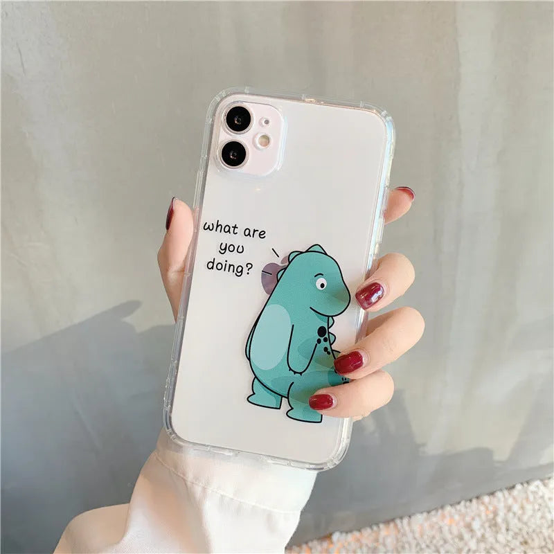 Transparent silicone and TPU iPhone case with airbag protection featuring a cute green dinosaur design.