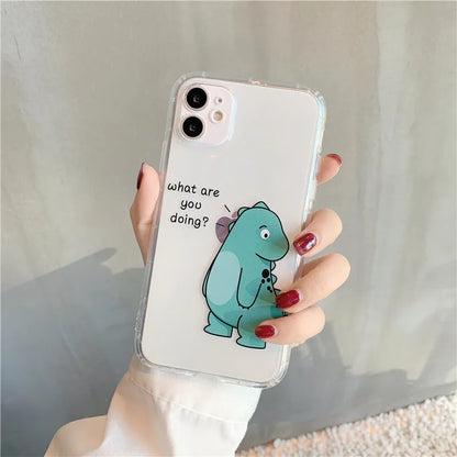 Transparent silicone and TPU iPhone case with airbag protection featuring a cute green dinosaur design.