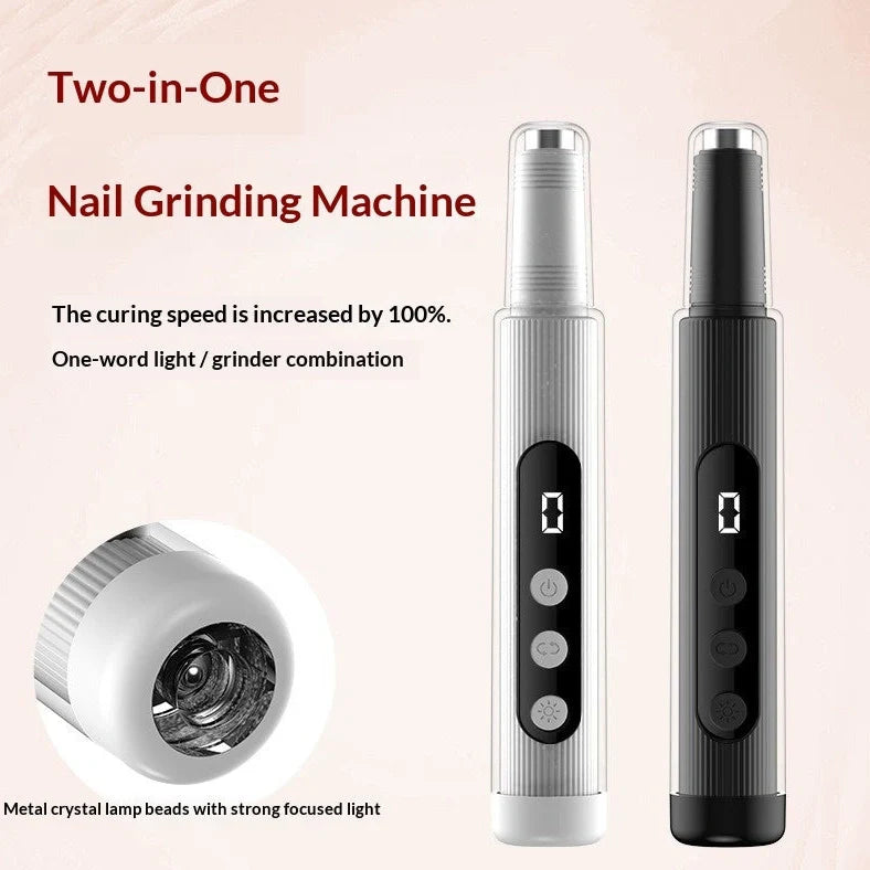 Blush pink electric nail grinder with LED light and six attachment heads on white background