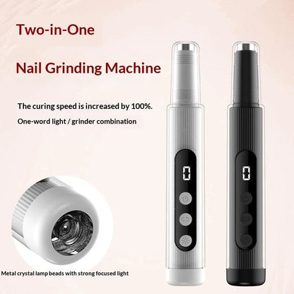 Blush pink electric nail grinder with LED light and six attachment heads on white background