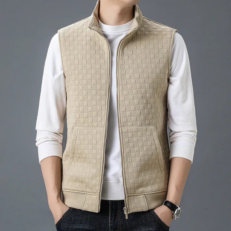 A casual sleeveless vest or waistcoat in a cardigan style, shown in a neutral colour.