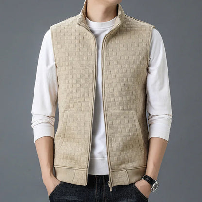 A casual sleeveless vest or waistcoat in a cardigan style, shown in a neutral colour.