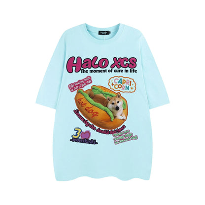 Cotton T-shirt with cartoon hamburger dog print in loose style, available in three colours