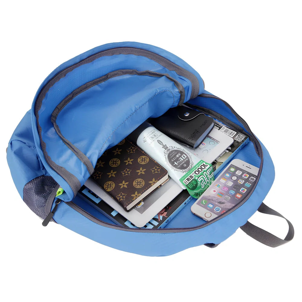 Outdoor folding double backpack in six colours with 22L capacity and waterproof nylon construction