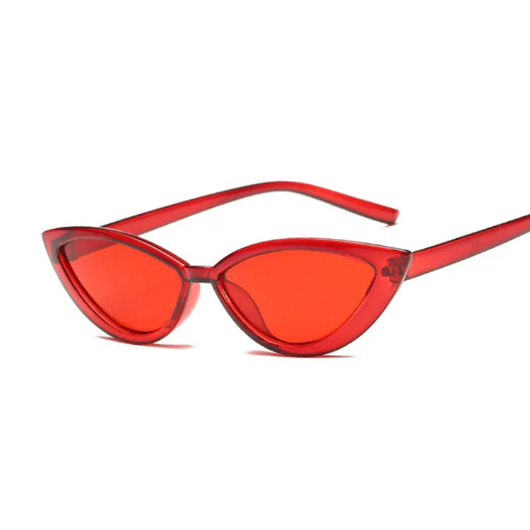 Cat eye sunglasses with PC frame, available in black, blue, grey, pink, purple, red, and yellow.
