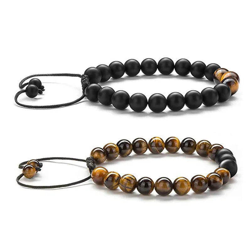 Tiger eye couple bracelets with matte black agate beads in geometric design