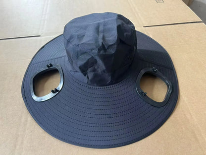Grey men's solar fan cap with large brim and integrated fan on the front.