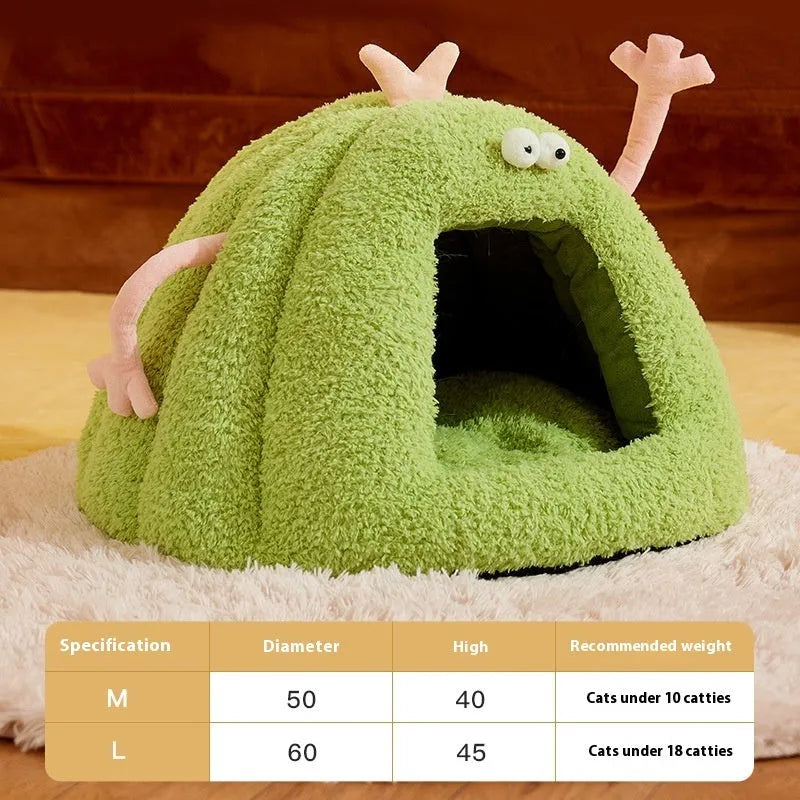 Monster-shaped semi-enclosed cat kennel in PP cotton bubble velvet available in three colours
