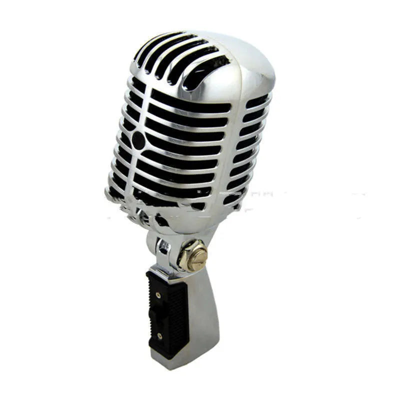 Classic retro dynamic microphone in silver finish with all-metal construction.