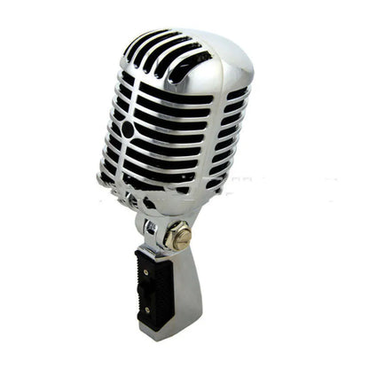 Classic retro dynamic microphone in silver finish with all-metal construction.
