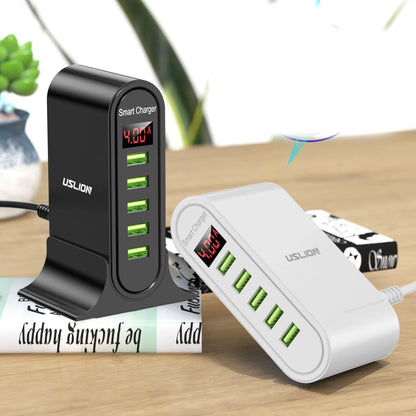 Smart LED digital display charger in black with UK plug, showing voltage readout on screen
