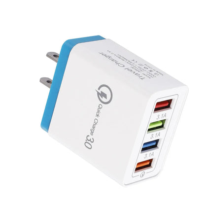 Simple Luminous 4USB mobile phone charger with UK plug showing four USB ports and compact dimensions