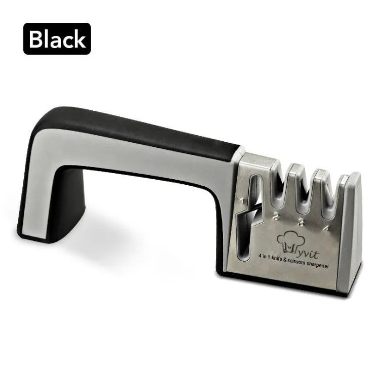 Four-in-one kitchen knife sharpener with 304 stainless steel body and ABS/TPR handle in black colour