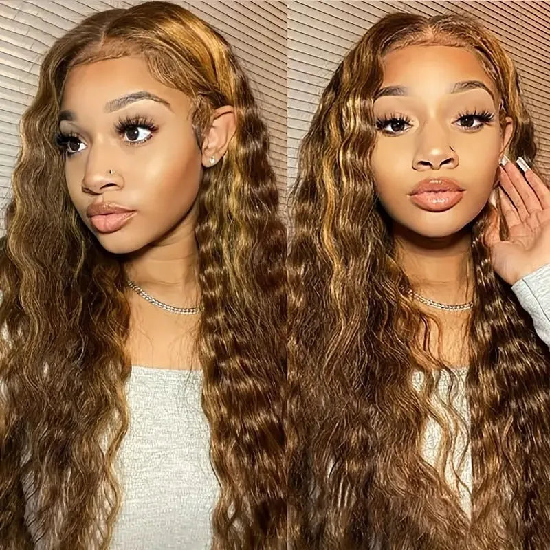 A long curly synthetic lace wig in a highlight gradient colour, shown on a wig stand.