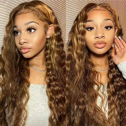 A long curly synthetic lace wig in a highlight gradient colour, shown on a wig stand.