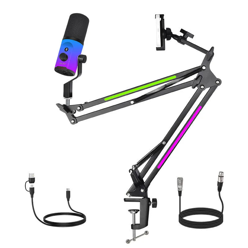 ZX777 moving coil microphone with USB and XLR connection, noise reduction, and ZX-777RGB bracket