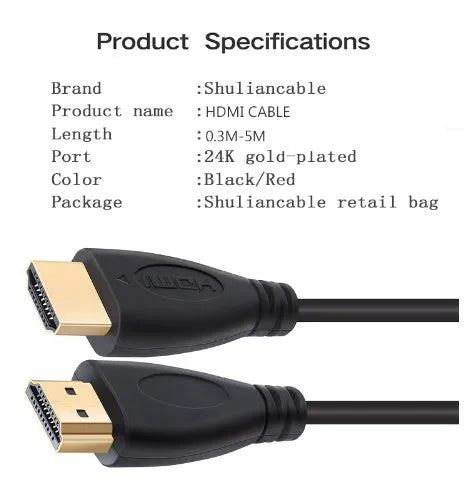 Gold plated HDMI cable with male connectors available in six length options