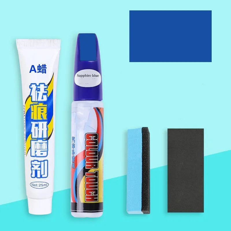 Automotive paint repair pen kit with touch-up fluid, wax, sponge, and sandpaper for car scratch repair