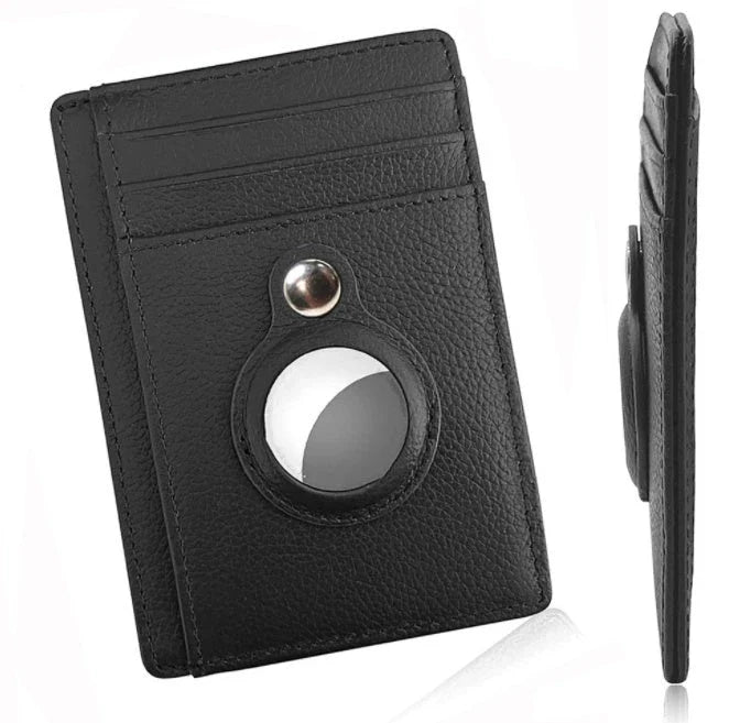 Premium leather wallet with built-in AirTag pocket and RFID blocking technology for secure everyday carry