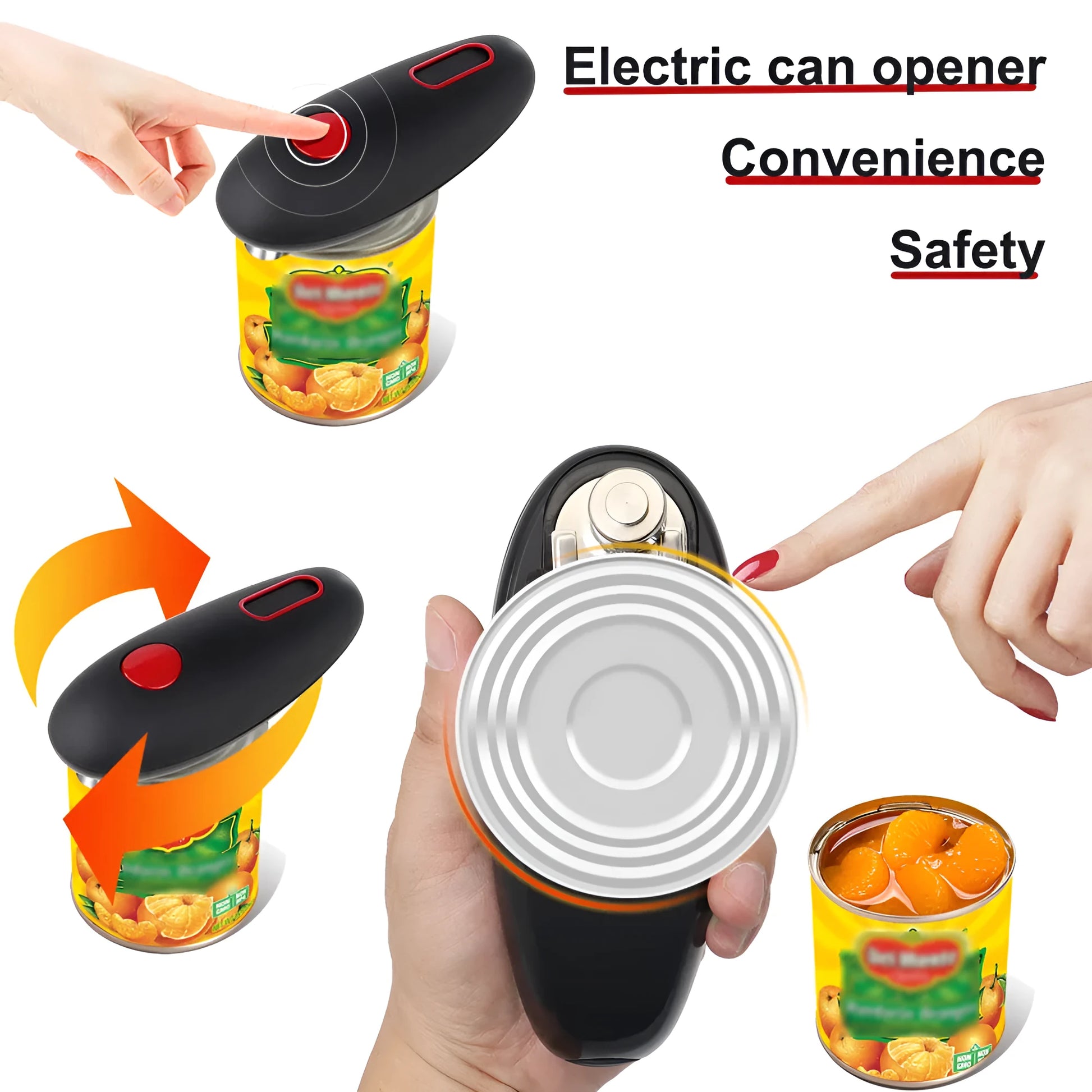 Black cordless electric can opener for automatic opening of tins and bottles