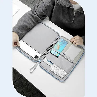 Imitation leather tablet protective case with handle in black colour showing fabric interior
