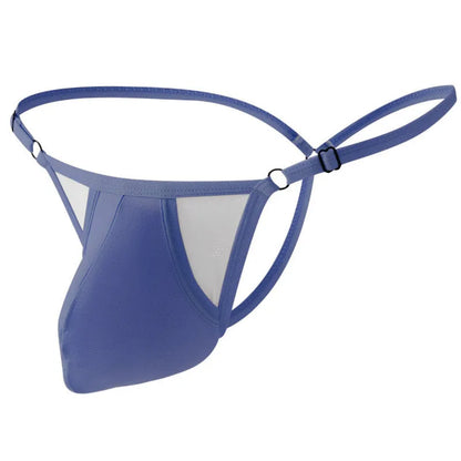 Men's ice silk T-back underwear in a geometric pattern, showing adjustable thin straps and low-waist fit.