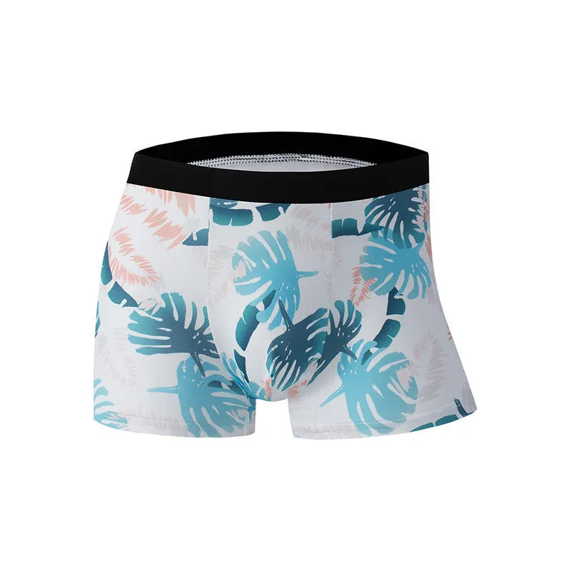 Men's printed ice silk underwear briefs in a floral design, showing mid-waist fit.