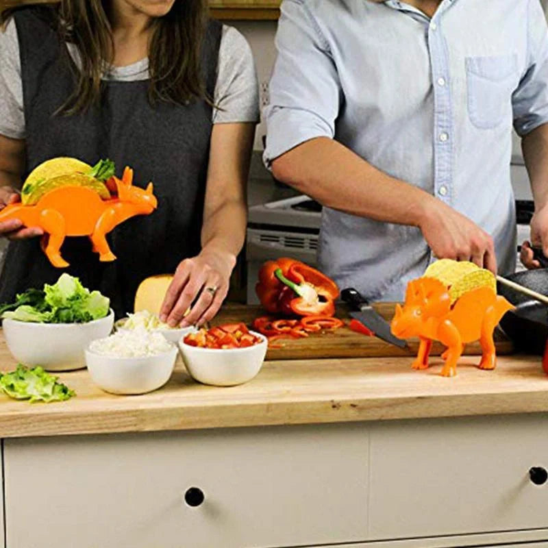 Dinosaur-shaped ABS plastic taco holder in army green, light green, or pink