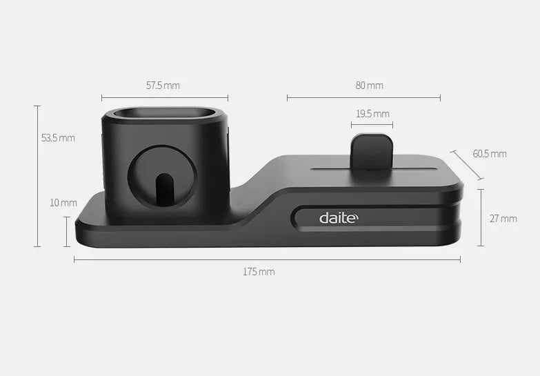 Black silicone 3-in-1 charging stand for Apple iPhone, Apple Watch, and AirPods on a desk