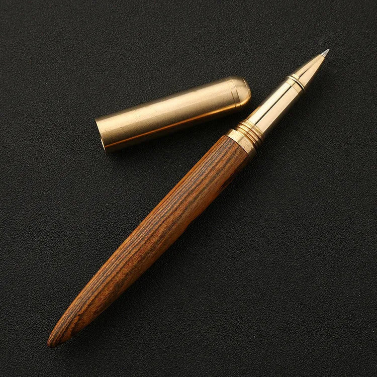 Brass and sandalwood signature pen with wood grain detail showing length and width dimensions