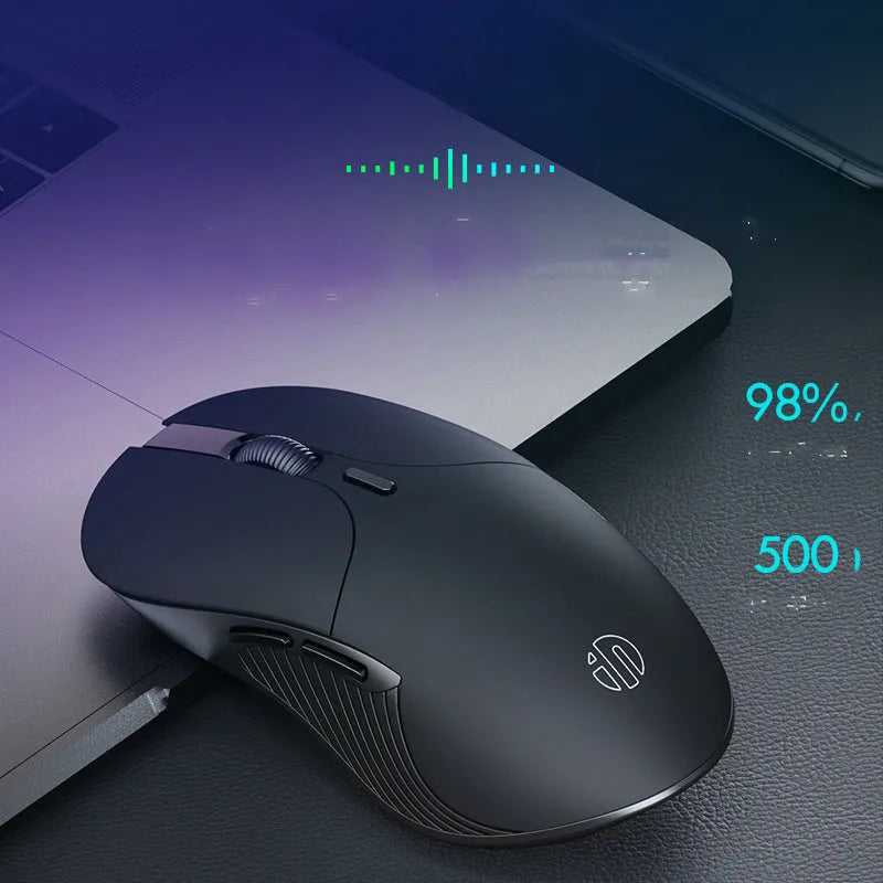 Black wireless voice mouse with six buttons showing dimensions of 123x35x65.5mm