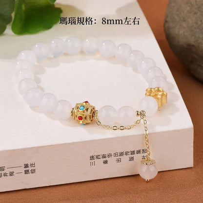 Handmade agate bracelet with peach blossom copper parts and natural stone beads