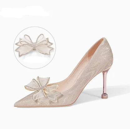 Champagne gold sequined stiletto heels with crystal decorations and pointed toe for wedding banquets