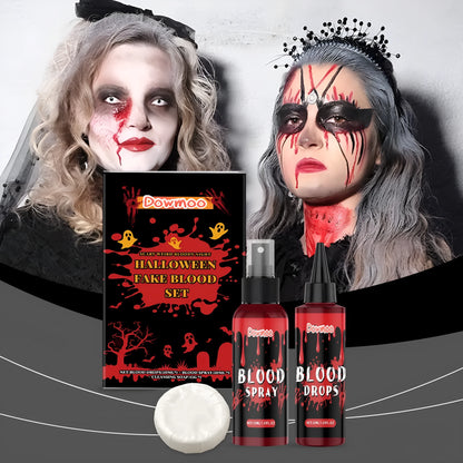 Three-piece washable fake blood set with plasma drops, plasma spray, and surface soap for horror effects