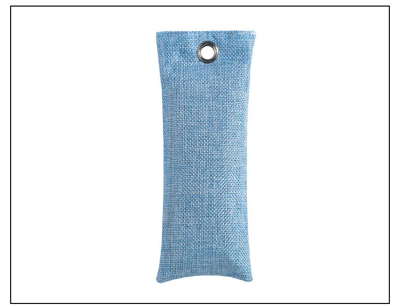 Set of black, green, grey, and blue rectangular bamboo charcoal deodorising bags on a white surface.