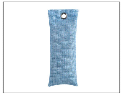 Set of black, green, grey, and blue rectangular bamboo charcoal deodorising bags on a white surface.