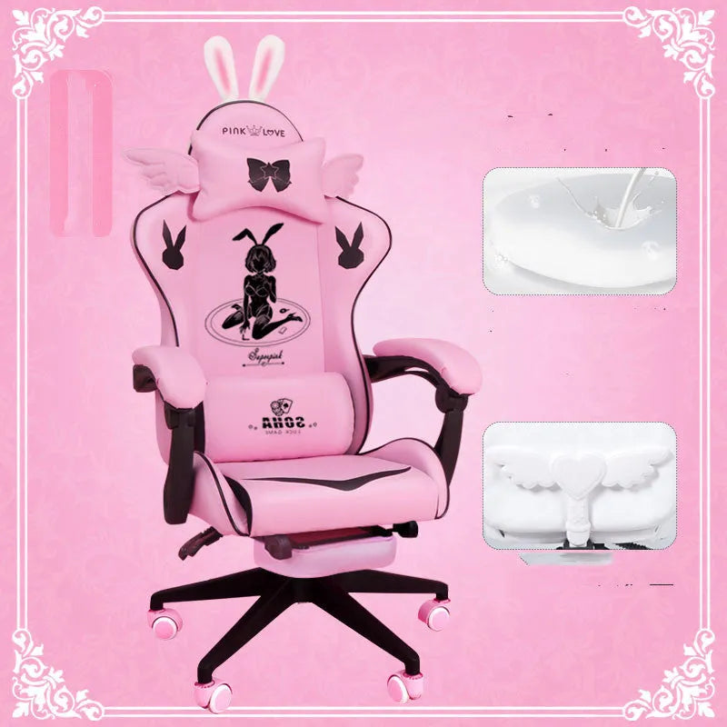 Goddess gaming chair in black or white artificial leather with fixed armrests and optional footrest