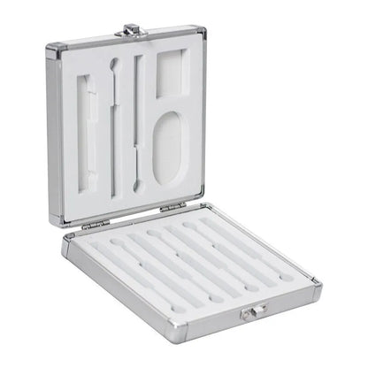 Silver aluminium storage box for TS100 soldering iron with dimensions 154x147x36mm