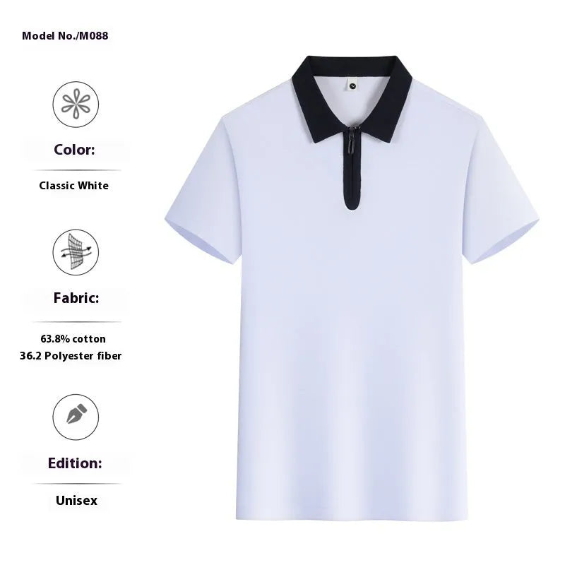 Zipper and lapel polo shirt in solid colour with short sleeves and loose fit