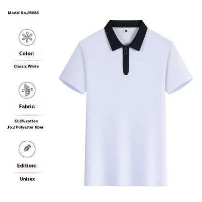 Zipper and lapel polo shirt in solid colour with short sleeves and loose fit