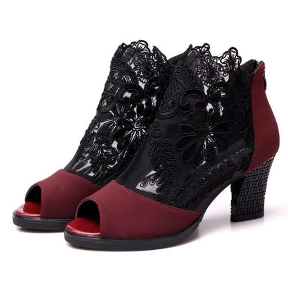 Lucyever women's black gladiator sandals with flower lace, square heel, and peep toe design