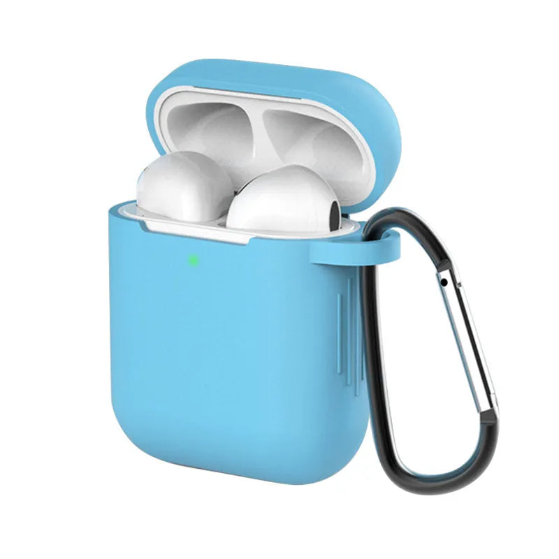 Liquid silicone clamshell case for Apple AirPods 1st and 2nd generation, shown in navy blue colour.