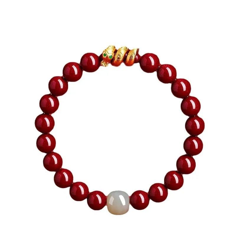 Handmade Chinese zodiac snake bracelet with genuine cinnabar beads in traditional design