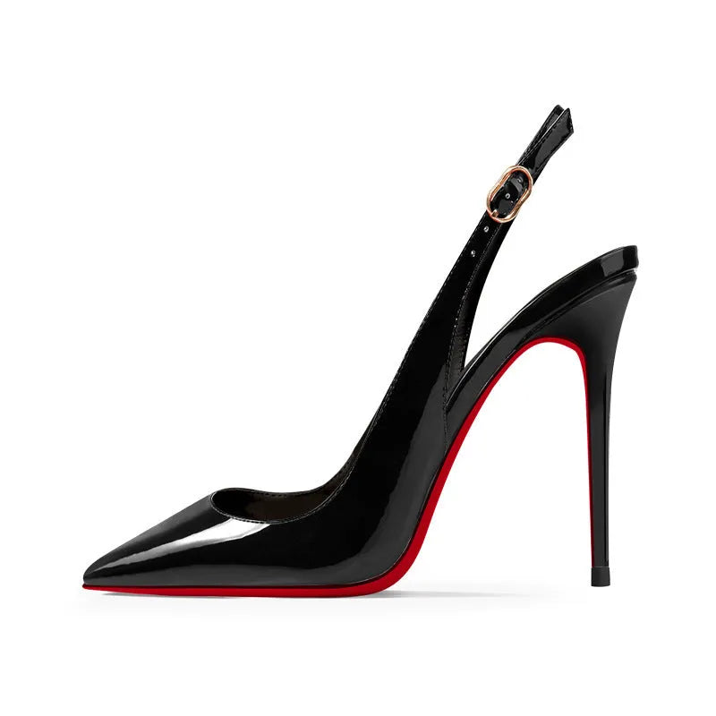 Women's black and red stiletto heel sandals with ankle-strap buckle and pointed toe